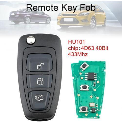 433Mhz 3 Buttons Flip Keyless Entry Fob with 4D63 40Bit Chip & HU101 Blade Fit for Ford Focus Fiesta