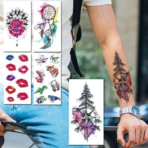Watercolor Pine Tree Temporary Tattoo For Kids Women Lips Animal Flower Fake Tattoos Sticker Dreamcatcher Henna Rose Neck Tatoos