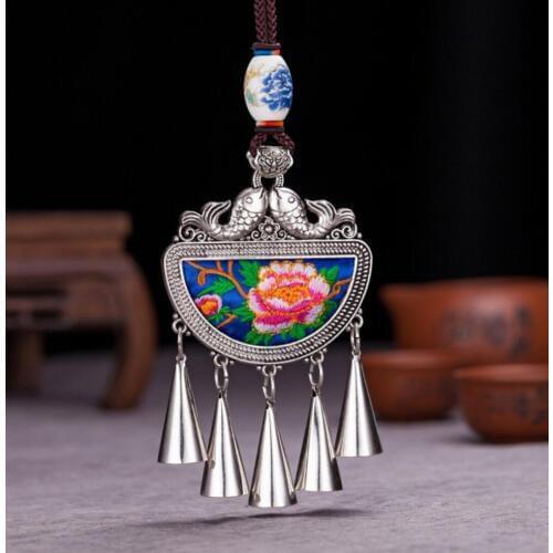 Free shipping charming ethnic wind retro Necklace sweater two fish chain pendant Miao silver Embroidered Flower peony tasse