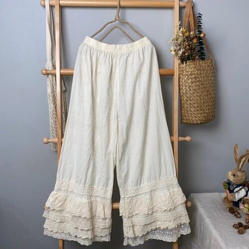 New Autumn Women Loose Pants Literary Fresh Elastic Waist Cotton linen Lace Wide Leg Pants