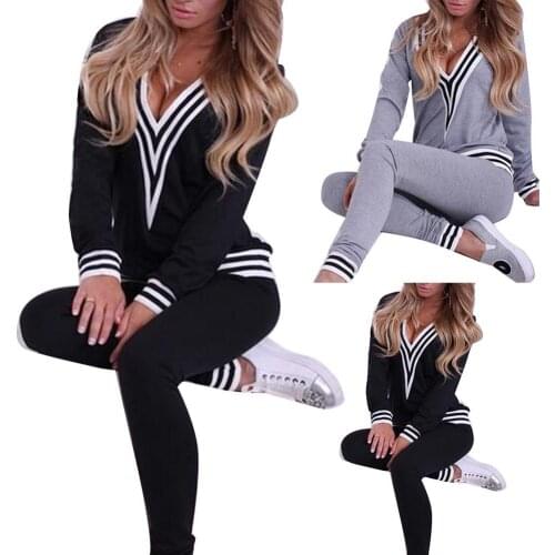 Women Fashion V-neck Sweatshirt Set Top Pants Casual Sportsuit Tracksuit OutfitFemmes camisa chemise camicia Mujer Clothes