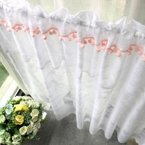 Double Layer Jacquard LACE Short Curtains Balls Tassel White Flowers Roman Curtain #VT