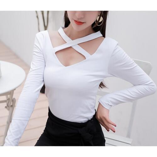 GGRIGHT Korean Style Long Sleeve Backless sexy T Shirts Women Solid T-shirt Womens Fashion Harajuku Female Slim Tee Shirt Femme