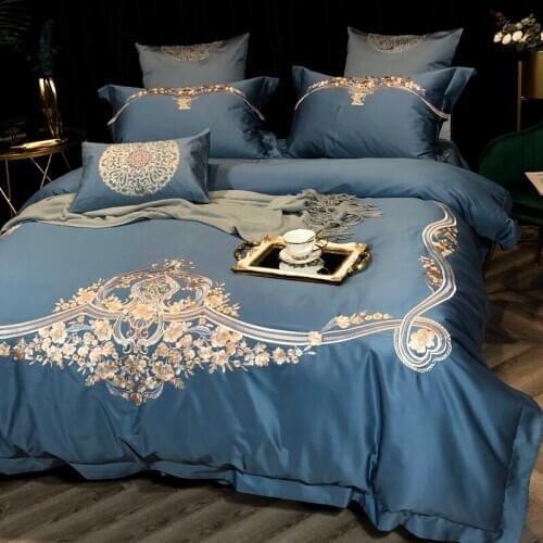Blue luxury Royal 100S Egyptian cotton Embroidery Bedding sets Queen King Wedding Duvet cover Bed sheet set Pillowcases 4/6pc