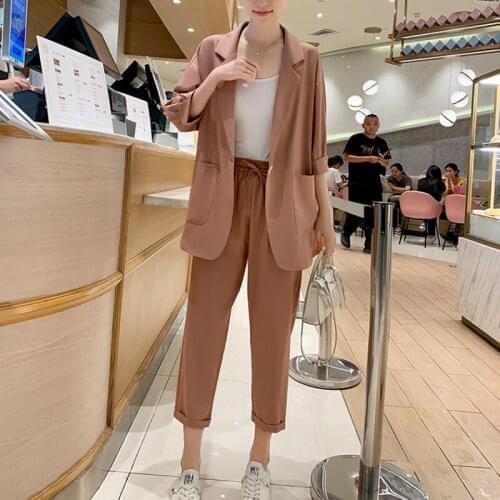 Summer Women Pant Suits Short Sleeve Single Button Blazer High Elastic Waist Pants Casual Pink Beige 2 Piece sets Height Quality