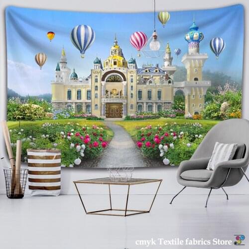 Hot Air Balloon Castle Tapestry Wall Hanging City Building Bohemian Bedspread Travel Mattress Bedroom Background Decor