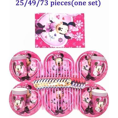 Disney Cute Minnie Mouse Disposable Cups Plate Straws Tablecloth Tableware Baby Girls Birthday Party Supplies Set for 8-24person