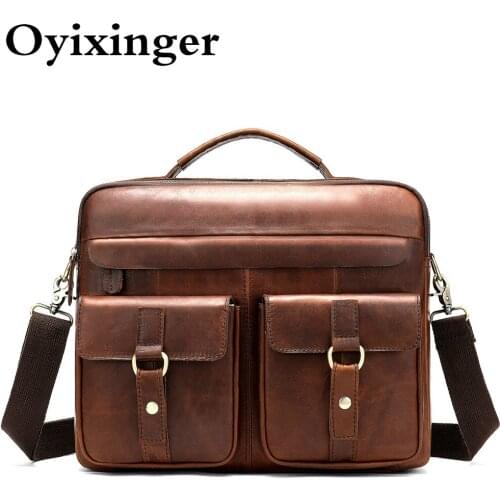 OYIXINGER Crazy Horse Cowhide Laptop Bag Mens Genuine Leather Laptop Briefcase For Bag For Document File Male Office Handbag