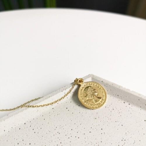 1pc/lot Real Pure 925 Sterling Silver Necklace Original Jewelry Gold Round Coin Shape Head Portrait Pendant Necklace For Female