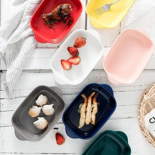 Rectangular Ceramic Ovenware Binaural Baked Rice Plate Baking Mold Oven Pasta Multi-Layer Baking Pan Microwave Oven