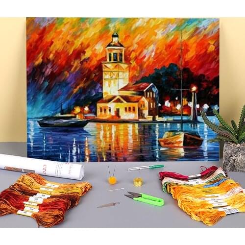 Romantic Harbor Printed 11CT Cross-Stitch Full Kit DIY Embroidery DMC Threads Sewing Handmade Handiwork Knitting Design Decor