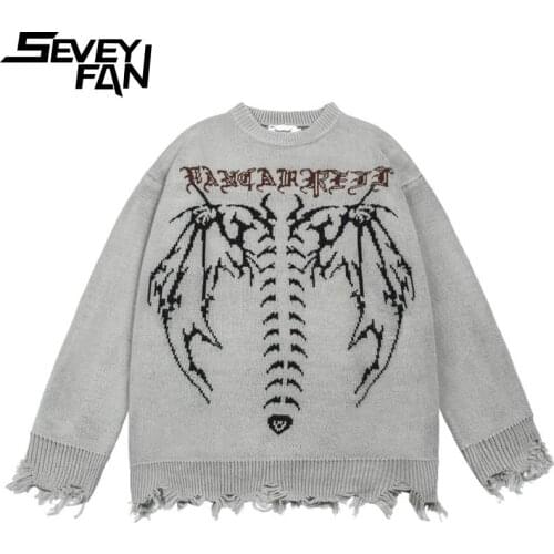 Seveyfan Mens Hi Street Skull Jacquard Sweater Streetwear Hip Hop Tassels Loose Pullover Knitwear for Couples