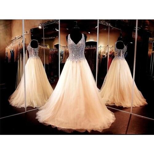 Champagne Ball Gown-Crystals V-neck Prom Dress See Through Pageant Dresses Soft Tulle New Arrival Evening Gown