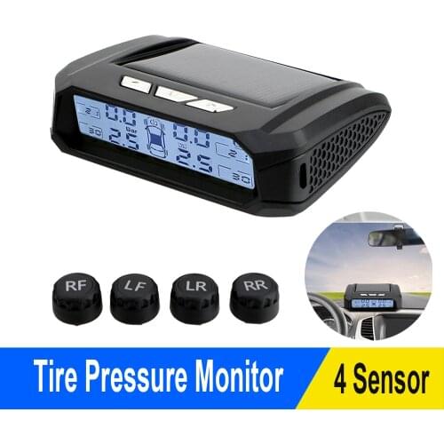Solar TPMS Car Tyre Pressure Monitor With 4 External Sensors Tire Pressure Monitoring System Temperature Warning Fuel Save