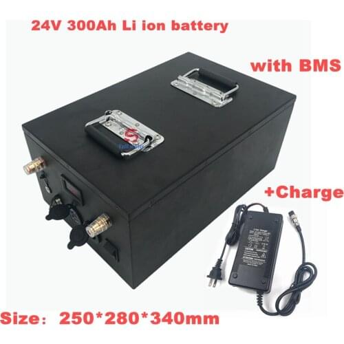Steel Case 24V 300AH Lithium Li Ion Battery with 100A BMS for 2500W 2000W RV EV Scooter Solar Golf Cart UPS + 20A Charger