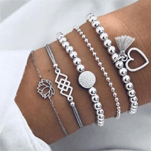 Vintage Silver Color Bohemia Jewelry Fashion Lotus Heart Beads Charm Bracelets For Women Girl Birthday Gift