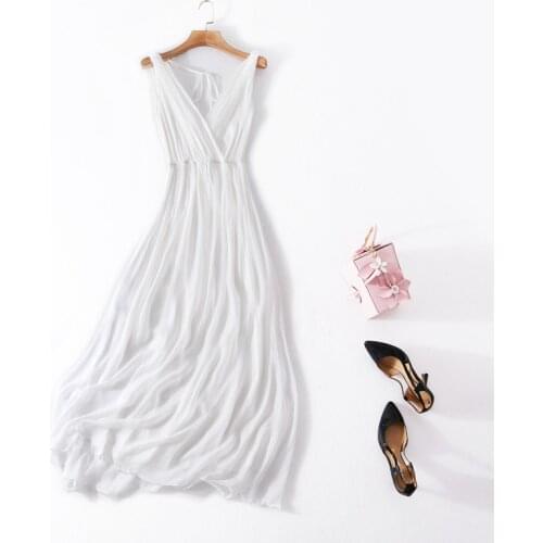 High Quality Summer Dresses for Women Party 100% Silk White Dress Beach Maxi Dress Female Sleeveless 2021 Robe Femme Pph4936