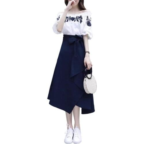 Women Summer Skirt Suit 2021 New Ladies One Shoulder Embroidered SkirtTwo-Piece Set Lady Elastic Waist bow 2 Piece Set 3XLB884