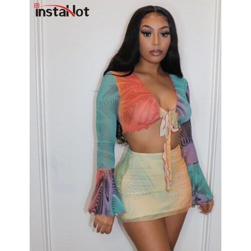 InstaHot Tie Dye Sexy Lace Up Two Piece Skirt Sexy Women Casual Flare Sleeve Crop Top and Mini Skirt Mesh Streetwear Outfit 2021
