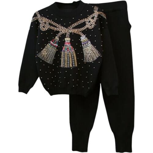 Women Knitted Beading Sweater Autumn Winter Knitting Tracksuit Women Sweater Harem Pants Set Two Piece