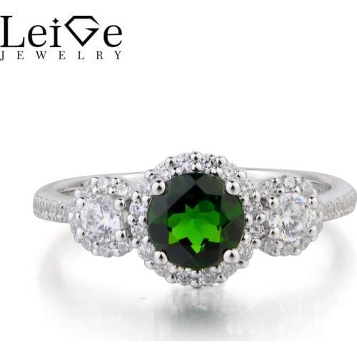 Leige Jewelry Natural Chrome Diopside Ring Anniversary Ring Round Cut Green Gemstone 925 Sterling Silver Ring Gifts for Girls