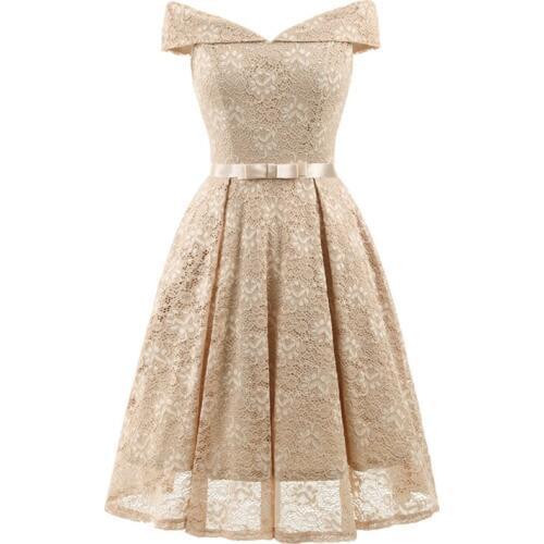 Women Lace Dress Elegant Ladies Skater Dress Off the Shoulder Bow Pleated A-Line Bridesmaid Party Dresses female Vestidos Gowns