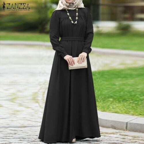 ZANZEA Women Autumn Long Sleeve Dress Casual Solid Kaftan Abaya Dubai Hijab Muslim Dress Loose Sundress Maxi Long Vestido S-5XL