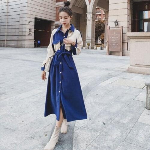 Women Dress 2021 Female Spring Autumn Long Sleeve Dresses Ladies Splicing Dress Ladies Lace Up Buttons A-line Dress A1223