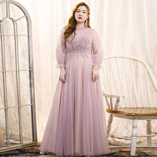 Pink High Neck Embroidery Evening Dress Elegant Full Sleeves Lace Up Pleat Floor-Length Tulle Plus Size Women Formal Gowns D857