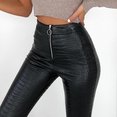 Winter Black Crocodile Pattern PU Leather Pants Women High Waist Zipper Waist Slim Trousters Ladies Women