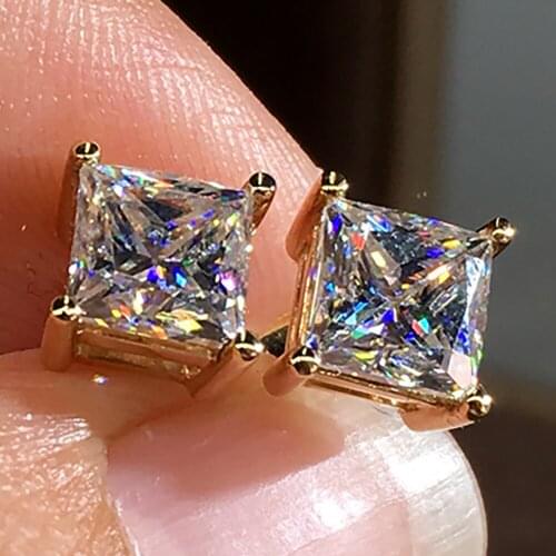 14K Gold Women Stud Earrings Moissanite Diamonds Square Princess Elegant Wedding Party Engagement Anniversary Trendy Romantic