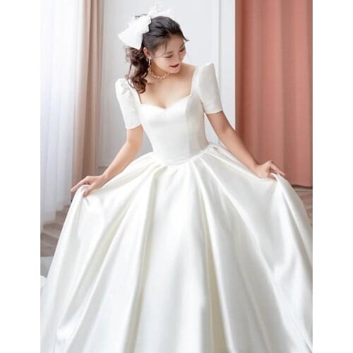 2021 New Luxury Satin Wedding Dress Pure White With Train Simple Bridal Ball Gown Plus Size Custom Made Lace Up Vestido De Noiva