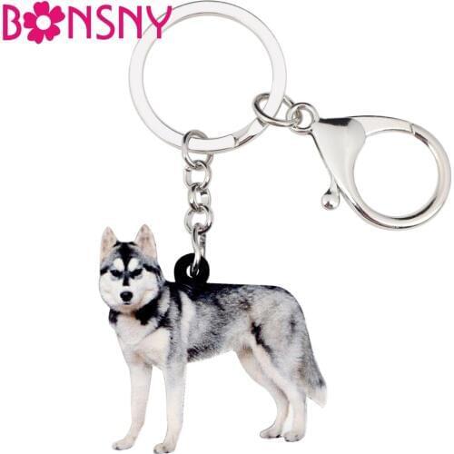 Bonsny Acrylic Siberian Husky Dog Key Chains Keychain Rings Novelty Gift For Women Girl Ladies Handbag Car Charms Animal Jewelry