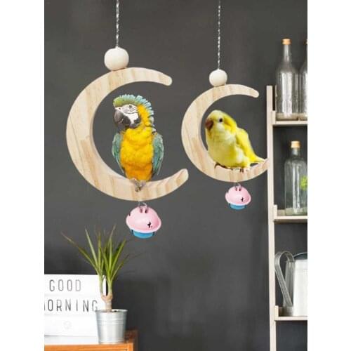 Bird Toys Parrot Standing Toy Parrot Moon-shaped Swing Wooden Toys Swing String Pet Birds Blocks Molar Bell Toy Parrot Supplies