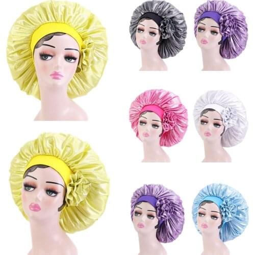 Fshion Women Satin Night Sleep Cap Hair Bonnet Hat Head Cover Wide Elastic Band Big Flower Glitter Beanies Skullies Hair Care