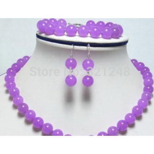 Fashion Necklace Earring Bracelet Set Natural Stone Beads 10mm Purple Dangle Earrings Charms Jewelry Set For Women 18"/7.5"BV151