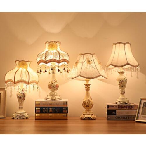 European Style Table Lamp Bedroom Bedside Lamp Decoration Table Lamp LED E27 With Plug Resin Lamp Body Cloth Art Lampshade