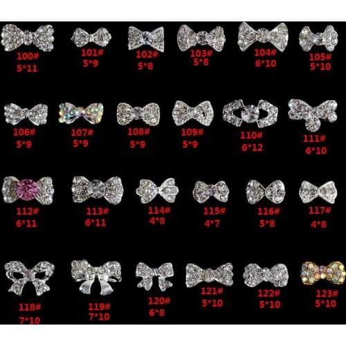 Factory Wholesales 10pcs Metal Bow Nail Art Clear Rhinestones Crystal Bow Tie Alloy Bow Knot Nail Art Decorations Accessories