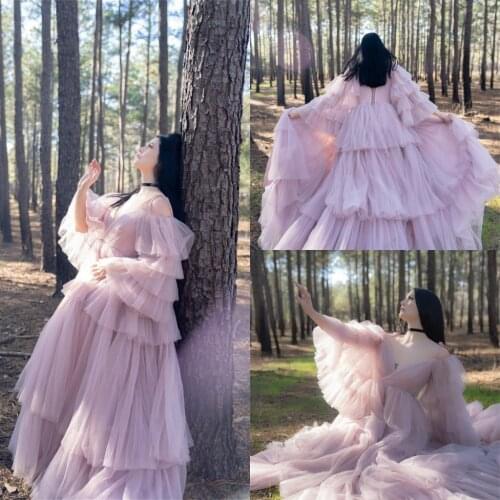 Puffy Off Shoulder Tulle Party Dresses Blush Pink Women Prom Dress With Sleeve Lace Up Custom Made Women Sexy Robes See Through