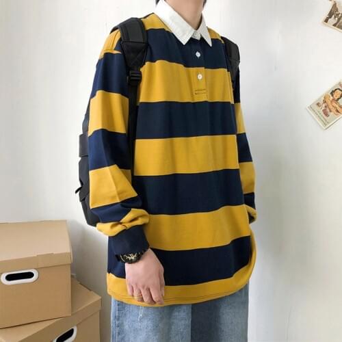 Autumn Spring Long Sleeves Harajuku Korea Fashion Striped Loose Polo Shirts Streetwear Hip Hop Rock Punk MenS Top Tees Clothes
