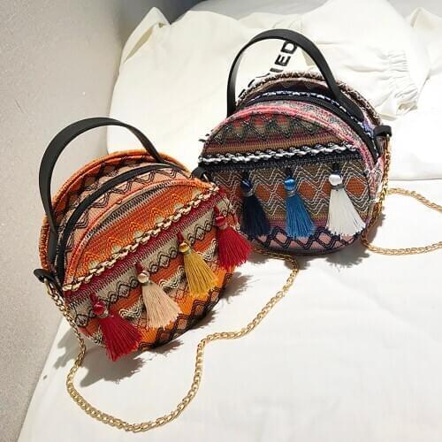 Women Straw Bags Rattan Woven Beach Shoulder Bags Ladies Crossbody Bag Handbag Female Bohemian Round Handmade