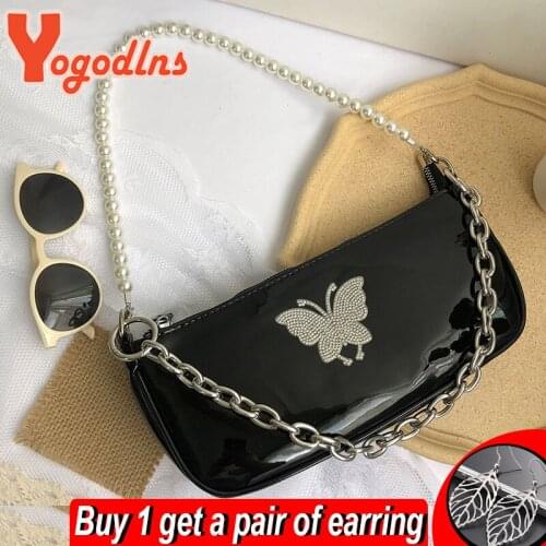 Yogodlns Vintage Baguette Bag Women PU Leather Diamond Shoulder Bag Butterfly Armpit Bag Designer Pearl Underarm Bag Handbag