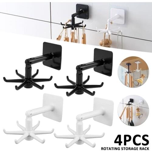 4pcs Rotating Hook Rack with 6-Hooks Wall-Mounted Storage Self-Adhesive Kitchen Storage Bracket for Bathroom Office Supplies