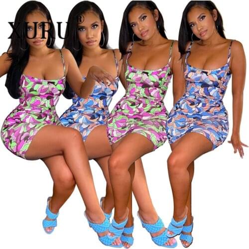 XURU European and American New Summer Dress Bag Hip Sexy Sling Dress Geometric Printing Side Pleated Dress