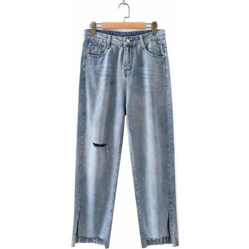 Plus Size Jeans For Women Hole In Right Knee High Waist Straight Leg Trousers Large Size For Fatwomen Under 220 Pounds Wear