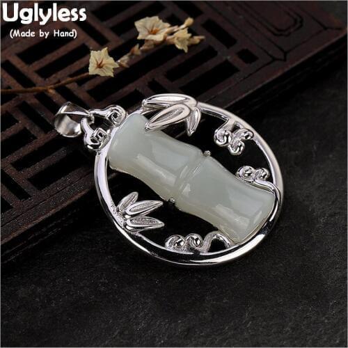 Uglyless 100% Real Solid 925 Sterling Silver Bamboo Leaves Pendants for Women Natural Jade Bamboo Necklaces NO Chains Fine Jewel