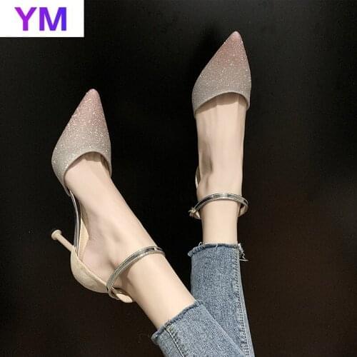 2020 Spring Summer New Fashion High Heel 7.5CM Women Sandals Sequined Cloth Pointed Hollow Shoes Thin Heel Wedding Shoe 34-39