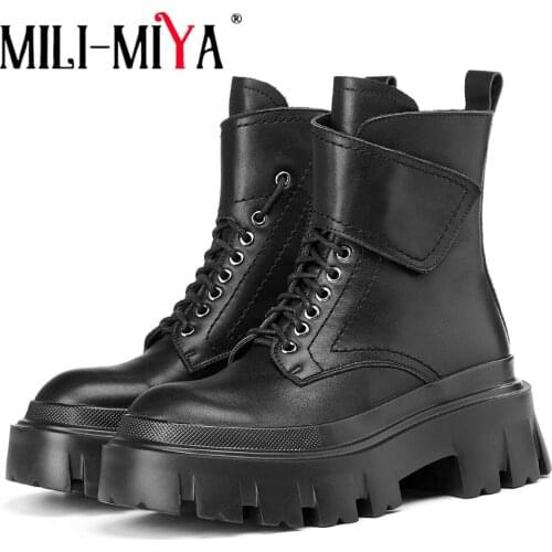 MILI-MIYA Brand Design Genuine Leather Round Toe Women Ankle Boots Lace Up Platform Thick Bottom Zipper Street Style Wild Shoes
