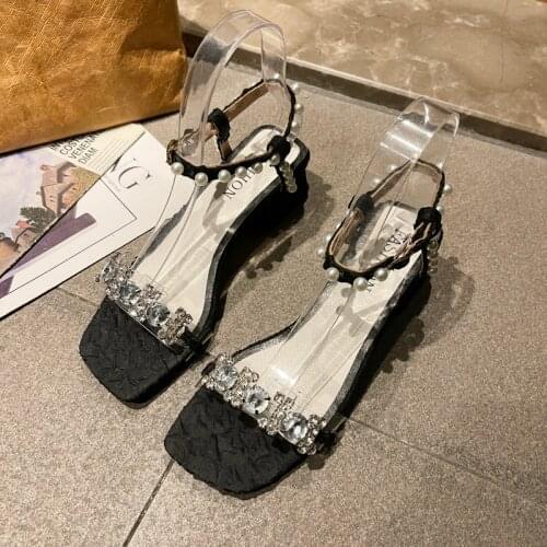 Women Summer BlingBling Pleated Open Toe Clear Rhinestone Decor And Pearl Ankle Strap Block Heel Sandals Party Shoes