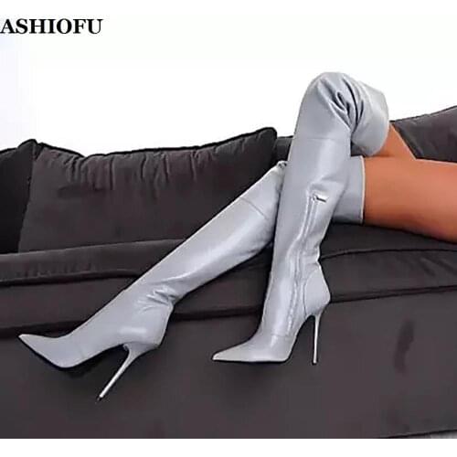 ASHIOFU Handmade Ladies High Heel Boots Sexy Night-club Over Knee Boots Pointy Party Evening Fashion Winter Long Boots Shoes